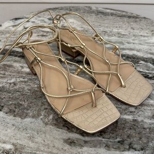 DAFFY Gold Croc Leather Strappy Ankle Gladiator Low Heel Sandals